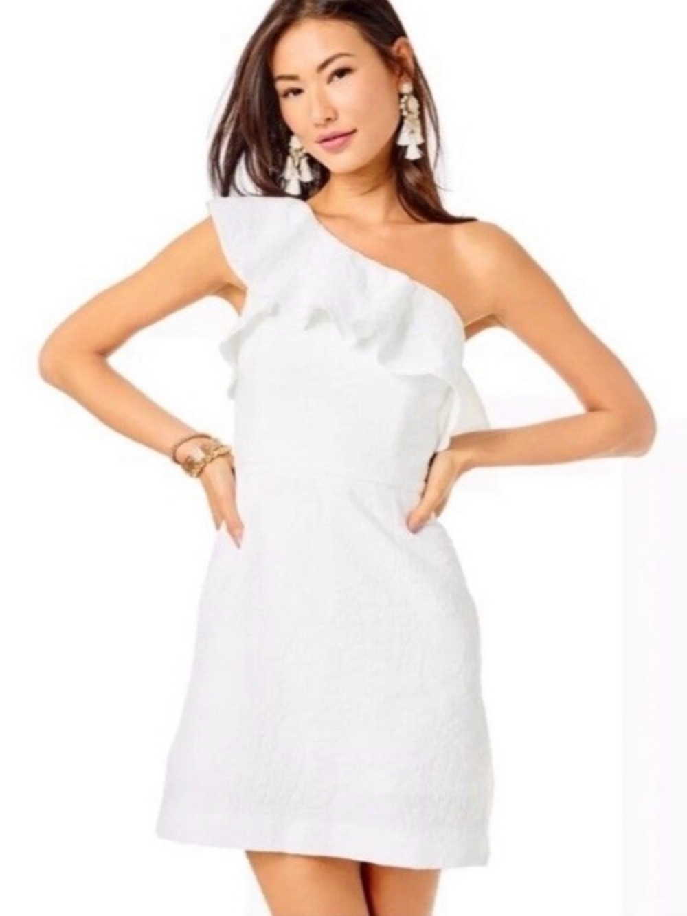 Lilly Pulitzer Kipton White One-Shoulder Ruffle Mini Dress/Romper Worn Once